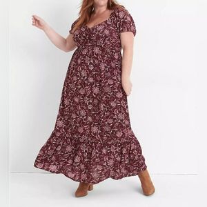 Lane Bryant bubble sleeve tie neck Tiered Maxi Dress sz 16 Paisley burgundy